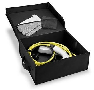 Faltbox für e-Ladekabel mit Handschuhen und Reinigungstuch