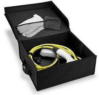 Faltbox für e-Ladekabel mit Handschuhen und Reinigungstuch